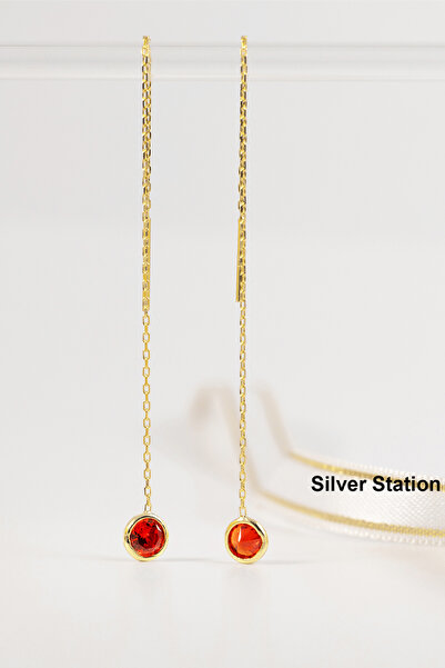 Silver Station Altın Renk Gümüş Tektaş Zincir Küpe, Sallantılı Zincir Gümüş Küpe