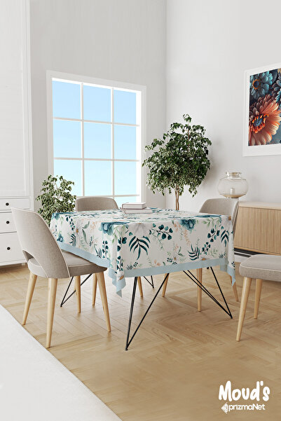 Moud's Navy Blue Green Floral Patterned Suede Carefree Tablecloth