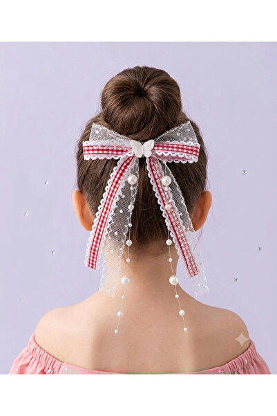 Zebra Pearl and Tulle Detail Red and White Bow Clip Buckle