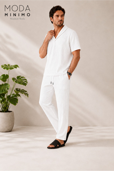 Moda Minimo Men's White Summer Suit Wrinkled Fabric Baby Collar Shirt Pants S...