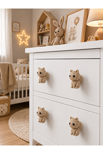 Rekatech 4'LÜ BEJ KEDİ FİGÜRLÜ KULP Çocuk Odası Örgü Desenli Dekoratif Çekmec...