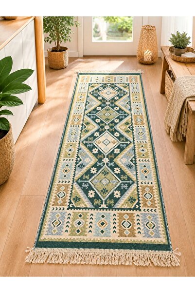 OEM Covor tradițional 60 x 150 cm, verde și crem, model floral