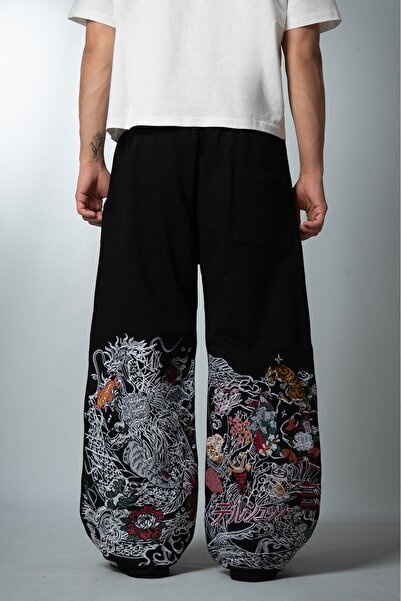Super Rare Kyoto Chaos Embroidered Summer Baggy Black Men's Sweatpants