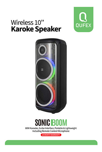 QUFEX Sonic Boom Wireless 10" Karaoke Speaker – 80W Portable Party Speaker wi...