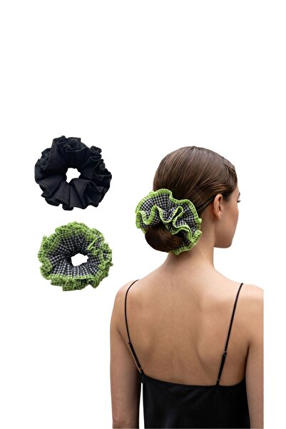 WhiteArt 2'li Trend Kontrast Marul Kenar Hacimli Scrunchie Seti Neon Sarı Ove...