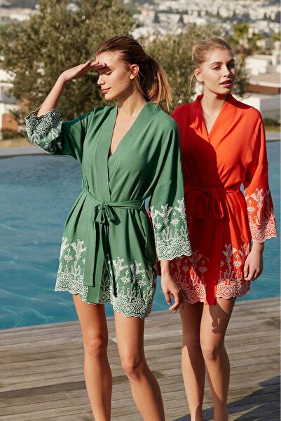 FIRST STYLE Soft Turkish Women's Robe, Green Color, Long Sleeve, Soft Embroid...