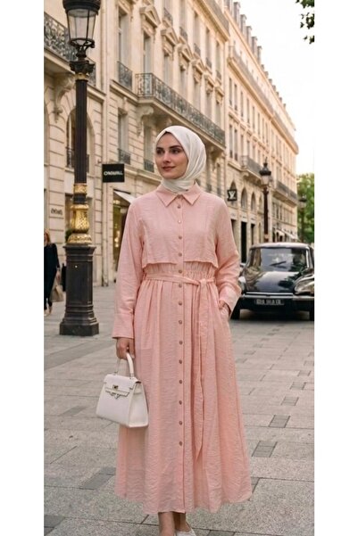 Puane 26Y32454 ELBİSE ÜSTÜ CEPGEN GÖRÜNÜMLÜ ÖNÜ DÜĞMELİ BELİ LASTİKLİ PEMBE