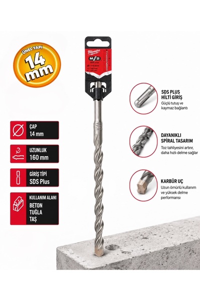 Milwaukee 7078 Sds Plus 2 Elmaslı Beton Delme Matkap Ucu 14x160 mm