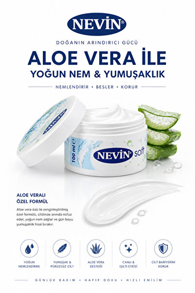 nevin Soft Nemlendirici Bakım Kremi, Aloe Veralı, Hızlı Emilim, Su Bazlı, 100...