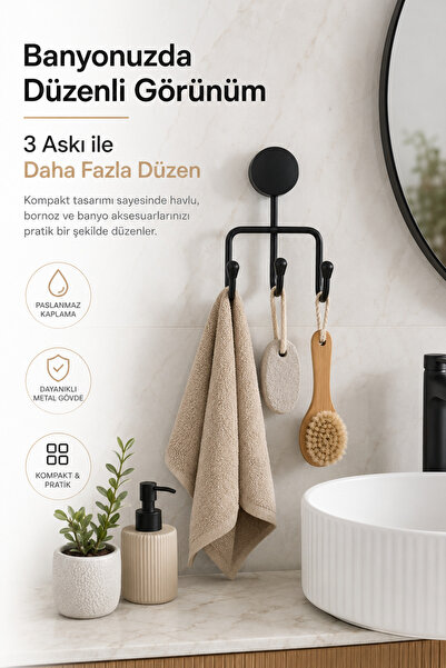 Alper Banyo Mat Siyah Üçlü Havlu Askısı Banyo Mutfak Askı Asacağı Ister Yapış...