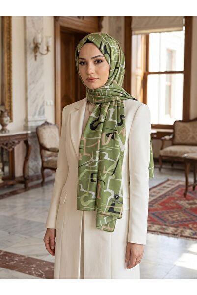 Vissona 100% Silk Striped Patterned Khaki Color Shal