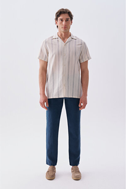 Mudo Erkek İndigo Straight Fit Keten Pantolon