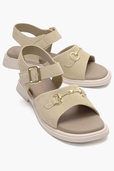 CCWAY AYAKKABI Women's Sandals with Buckle and Velcro Beige