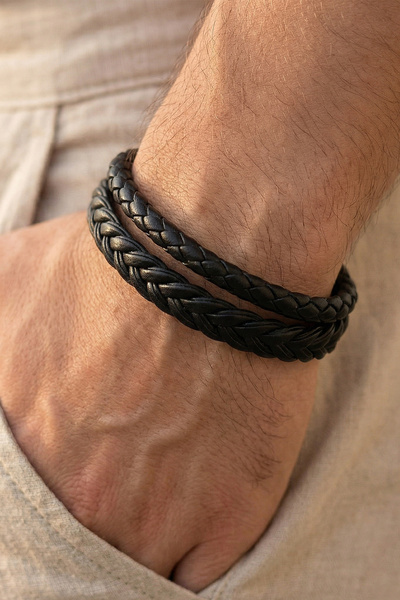 VAOOV Black Double Row Braided Leather Men's Bracelet