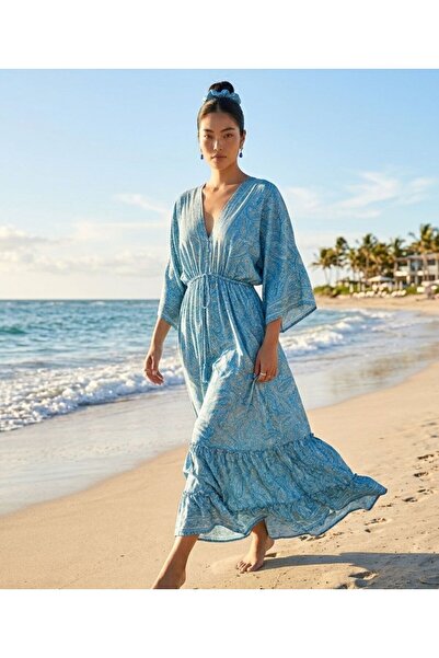 moda gk Shawl Pattern Shiny Detailed Bohemian Indian Silk Dress - Light Blue