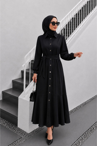 bellura Boydan Düğmeli Fırfırlı Kot Elbise