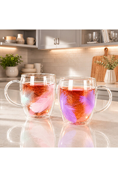 mafa home Gerçek Tüy Tasarımlı Cidarlı Şık Kupa Bardak 350 Ml Hediyelik 2 Adet
