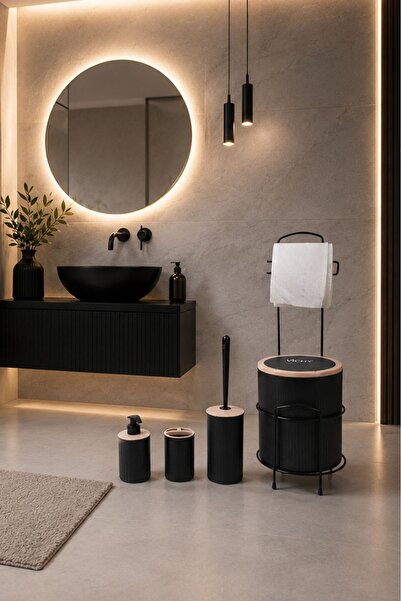 decorev Lüks Siyah 6lı I Banyo Seti Metal Standlı Tuvalet Wc Kağıtlık Şık Tasarım
