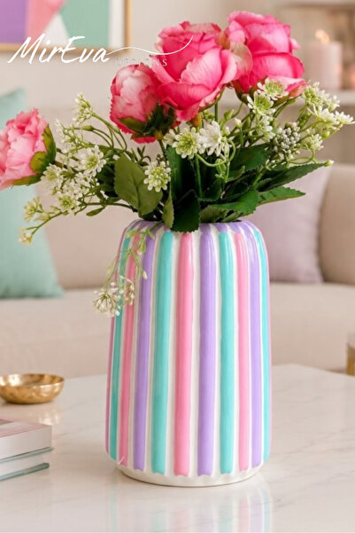 MİREVA Maximalist Pastel Colored Vase 17 cm |   Stone Powder Flower Pot |   H...