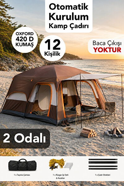 Fischer 2 Odalı Kamp Çadırı - Otomatik Kurulum 12 Kişilik 4 Mevsim Oxford Kum...