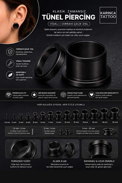 Karınca Piercing Siyah Veya Silver Gümüş Rengi Çelik Kulak Tünel Piercing (ka...