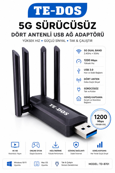 TE DOS 4 Antenli Kablosuz İnternet Sağlayıcı USB WiFi Wireless Adaptör Çift B...