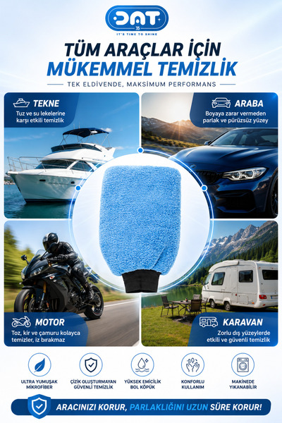 DAT35 IzmirGlove Mavi Mikrofiber Oto Yıkama Eldiveni Pasta Cila Araba Temizlik Arac Bakım Bezi Pro