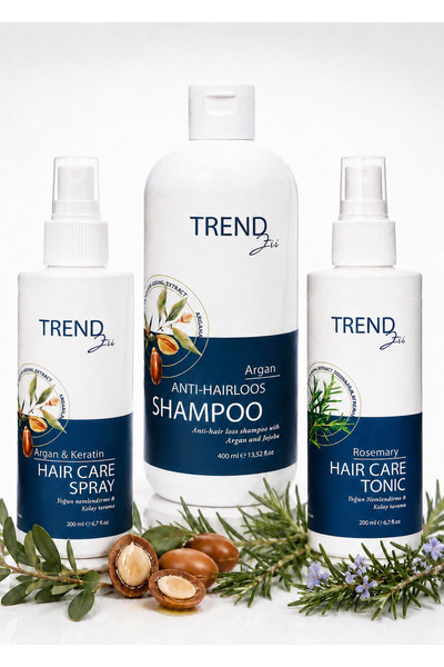 Trendzii Saç Bakım Seti 3’lü – Biberiye Toniği, Argan Şampuan ve Keratin Sprey |