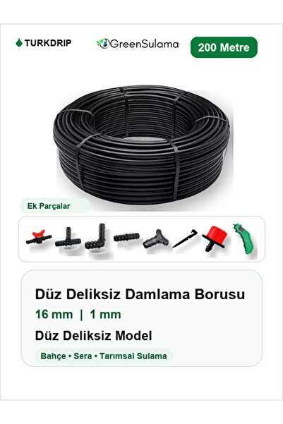 Green GREENSULAMA 16 mm Düz Deliksiz Damlama Borusu 200 Metre Bahçe Sera Sulama