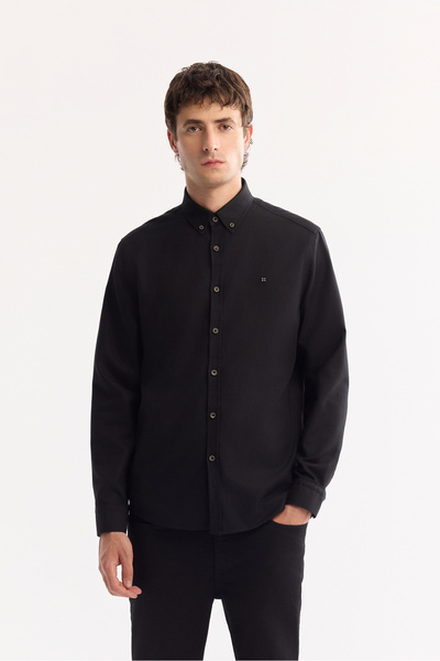 Avva Erkek Siyah Düğmeli Yaka Pamuklu Soft Touch Regular Fit Gömlek B002036