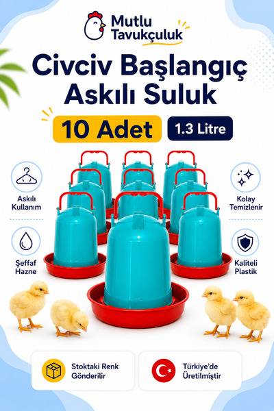 MUTLU TAVUKÇULUK 10 Adet Civciv Başlangıç Suluk 1.3 Litre Kapasite Keklik Güv...