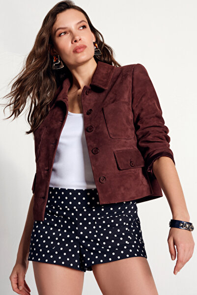 Derimod Cassandra Kadın Bordo Slim-Fit Süet Deri Ceket 26SGD565010