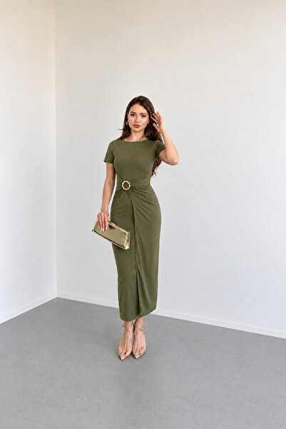 Nika Fashion Meloni Kısa Kollu Aksesuarlı Sandy Elbise