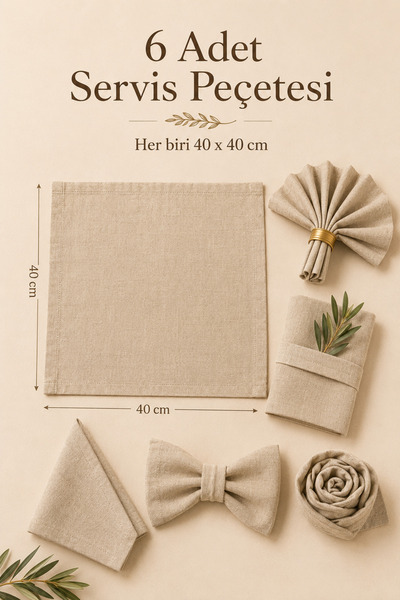Morlay LINEN | 6 Adet Organik Ham Yıkanmış Keten Servis Peçetesi 40 x 40 cm Sofra Sunum Seti