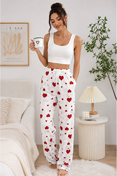 kayzn.tr Kadın Beyaz Kalp Desenli Milan Penye Rahat Pijama Altı