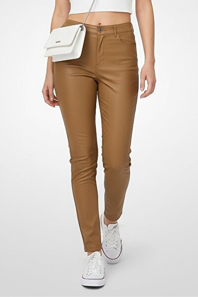 INC Women Regular Fit Leather Skinny Leg Pants, Brown