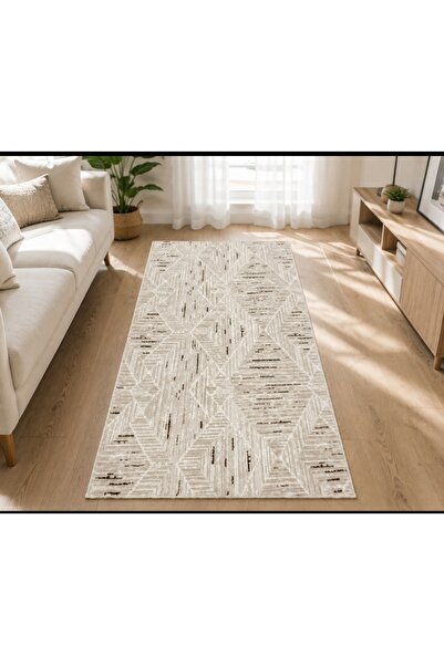 Nesrin MODERN ÇİZGİLİ BAKLAVA DESENLİ KAYMAZ JEL TABAN KREM KAHVE