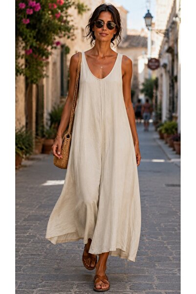 Bohem Stil İtalyan Kadın Askılı Keten Tulum