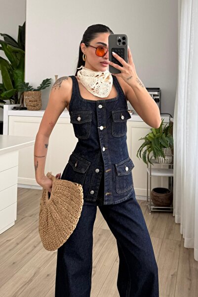 SHILSEE BEUTİQUE BLUZĂ VESTĂ DENIM CU DETALII BĂRBAȚITE, PENTRU FEMEI, ALBAST...