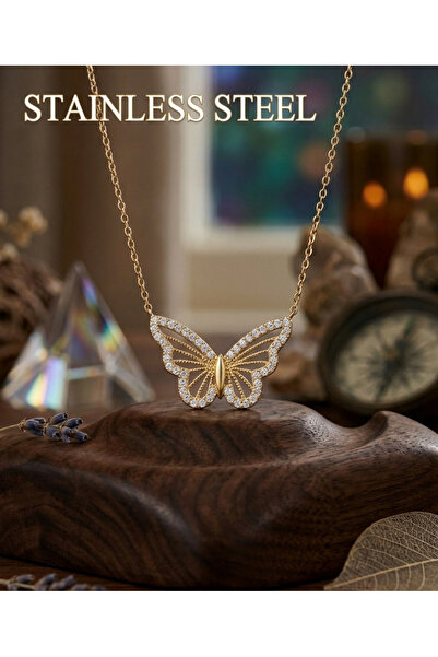 stainless steell قلادة من الفولاذ باللون الذهبي مرصعة بالزركون مرصّع بالأحجار...