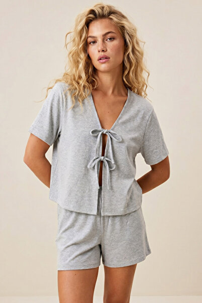 Siyah İnci Gray Tie-Up Knitted Shorts Set7888