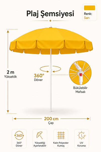 Düvenci Sarı Plaj Şemsiyesi 200 cm çap /10 telli, Polyester Kumaş