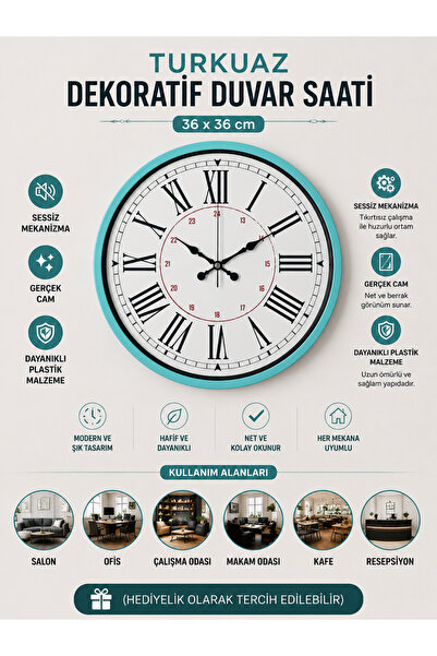Generic Brand Turquoise 36 cm Decorative Wall Clock