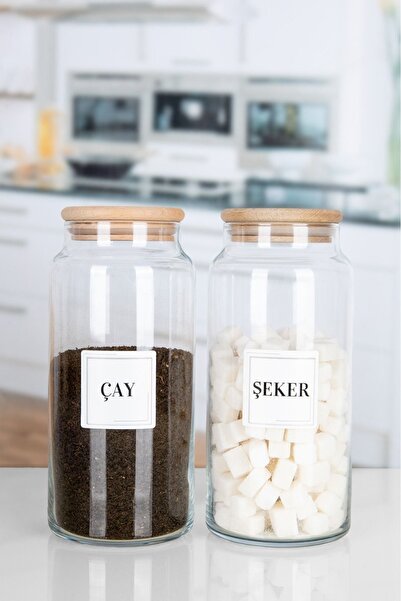emdeco 2'li Ahşap Kapaklı Etiketli Çay Şeker Cam Kavanoz Saklama Kabı 1300 Ml