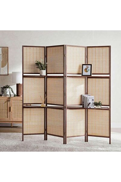PAN HOME حاجز غرفة من الخيزران من أنسن بأربعة ألواح مع رف 180×180 سم - بني