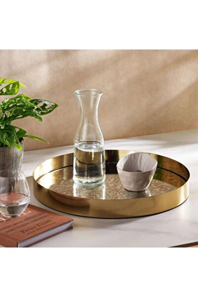 PAN HOME صينية معدنية مستديرة من كيري مع مرآة زجاجية 45×5 سم - ذهبي