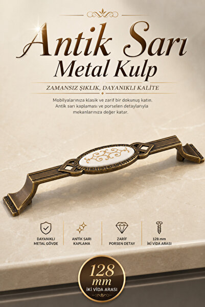 NZB Antik Sarı Metal Kulp (128 mm - 12.8 cm) Mobilya Mutfak Çekmece Dolap Kul...