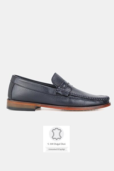 TUNAELLİ Men's Dark Blue Genuine Natural Leather Leather Sole Loafer Daily Shoes