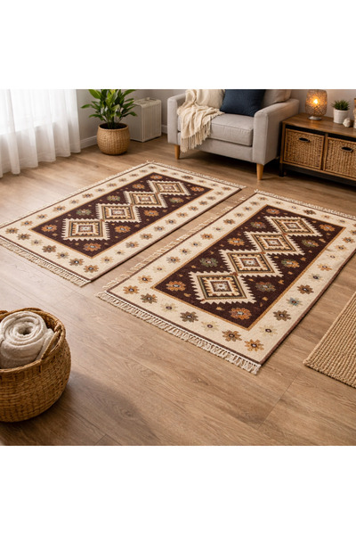 OEM Set de 2 covoare tradiționale, dimensiune 60 x 90 cm, maro și crem, romb
