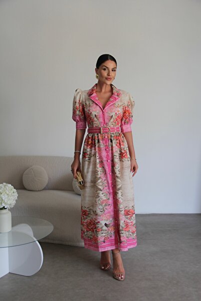 Julidress Pembe Desenli Düğme Detaylı KEMERLİ Midi Uzun Boy Premium Keten Elbise